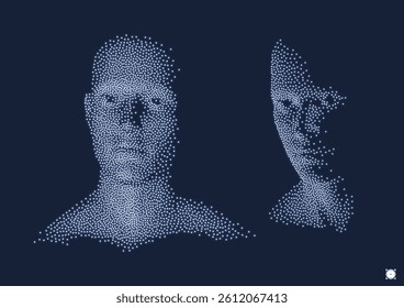 Network forming AI human face. Technology and robotics concept. Anonymous social masking. Dialogue, contact, conversational exchange between two individuals. Cyber security vector illustration. 