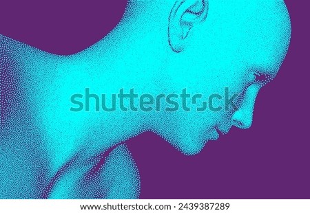 Network forming AI human face. Technology and robotics concept. Anonymous social masking. Cyber crime and cyber security vector illustration.