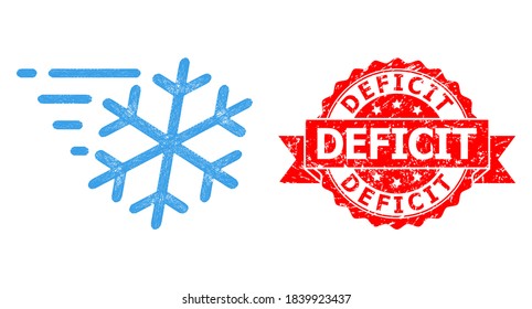 Network frost wind icon, and Deficit scratched ribbon stamp seal. Red stamp seal includes Deficit title inside ribbon.Geometric linear frame flat network based on frost wind icon,
