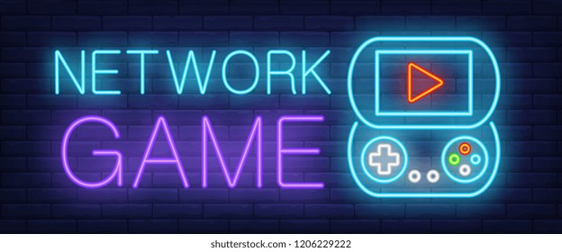 Network game neon text with console. Electronic games and entertainment advertisement design. Night bright neon sign, colorful billboard, light banner. Vector illustration in neon style.