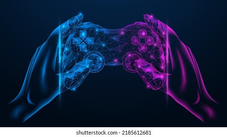 Network Gaming. Futuristic Game Joystick In Hands. Polygonal Design Of Interconnected Lines And Points. Blue Background.