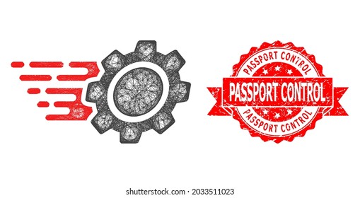 Icono de engranaje de red y sello de cinta sucia del control de pasaportes. El sello rojo incluye el título de control de pasaportes dentro de la cinta.Red de marco con trama geométrica 2D basada en el icono de engranaje,