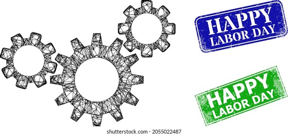 Network Gear Mechanism Model, And Happy Labor Day Blue And Green Rectangular Unclean Seals. Mesh Carcass Illustration Designed With Gear Mechanism Icon.