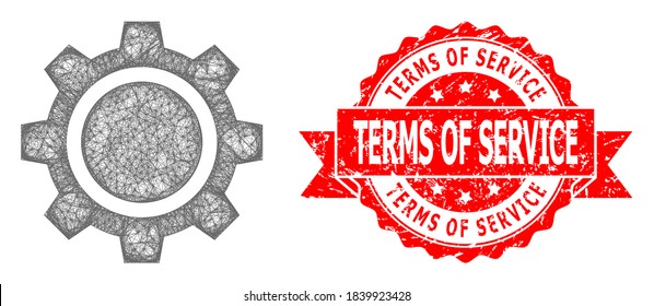 Network gear wheel icon, and Terms of Service dirty ribbon stamp seal. Red stamp seal contains Terms of Service tag inside ribbon.Geometric hatched carcass 2D net based on gear wheel icon,