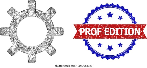 Network gearwheel wireframe icon, and bicolor scratched Prof Edition seal. Flat structure created from gearwheel symbol and intersected lines. Vector seal with scratched bicolored style,
