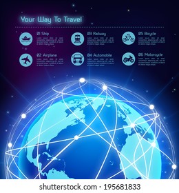 Network globe blue sphere earth map travel background with transport icons vector illustration