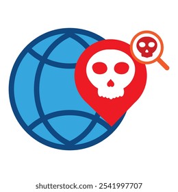 network globe with skull and location icon isolated on white background