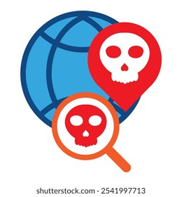 globo de rede com caveira e ícone de localização isolado no fundo branco