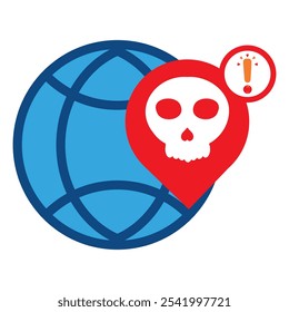 network globe with skull and location icon isolated on white background