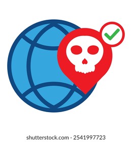 network globe with skull and location icon isolated on white background