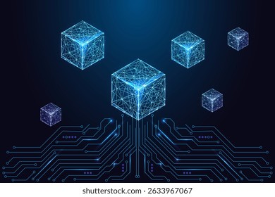 Network of glowing cubes over a circuit board symbolizing blockchain, data storage, and digital transformation. Tech and finance concept in low poly style. Vector illustration on dark blue background.