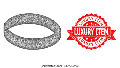 Network gold ring icon, and Luxury Item dirty ribbon stamp. Red stamp seal has Luxury Item tag inside ribbon.Geometric hatched frame 2D network based on gold ring icon,