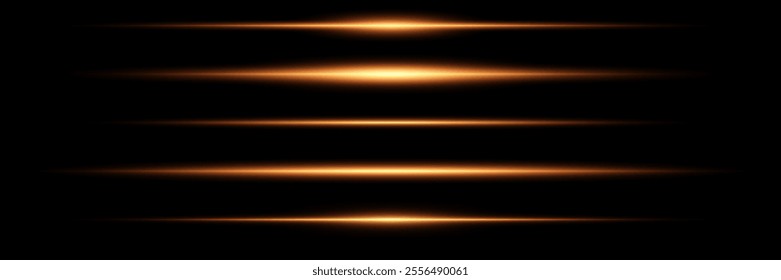 Network of golden glowing rays. Neon horizontal lines on a black background.Vector illustration.