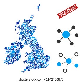 Network Great Britain and Ireland map mosaic. Abstract territorial plan of connections in blue color tones. Vector Great Britain and Ireland map is shaped from network links.