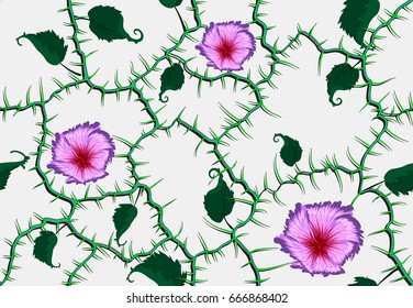 the network of green branches with bright spikes and flowers and curled leaves seamless pattern on light background for colorful decorations