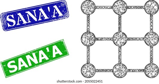 Network grid nodes image, and Sana'A blue and green rectangular textured seals. Polygonal wireframe image designed with grid nodes icon. Stamp seals have Sana'A tag inside rectangular frame.