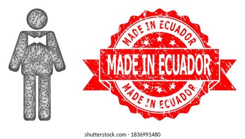 Netzwerk-Bräutigam-Ikone und Made in Ecuador farbige Schleife Stempel-Siegel. Rote Stempelrobbe enthält Made in Ecuador Tag in Ribbon.Geometrisches Drahtkartonnetz auf der Grundlage von Bromsymbol,