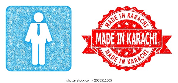 Network groom icon, and Made in Karachi unclean ribbon seal print. Red seal has Made in Karachi tag inside ribbon.Geometric wire carcass flat network based on groom icon,