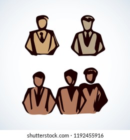 Network guys on white background. Simple web job emblem. Freehand outline black ink hand drawn admin logotype insignia sketchy in art retro scribble style pen on paper view with space for text