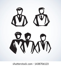 Network guys on white background. Simple web job emblem. Freehand outline black ink hand drawn picture logo sketchy in art retro scribble style pen on paper view with space for text