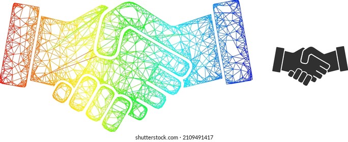 Network handshake carcass icon with spectral gradient. Bright frame network handshake icon. Flat frame created from handshake pictogram and intersected lines.