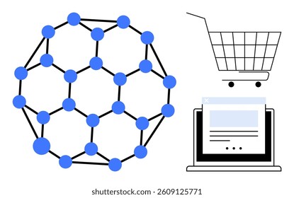 Network hexagon structure, shopping cart, and laptop screen with website. Ideal for technology, e-commerce, online shopping, digital marketing, and data visualization themes. Minimalist design style