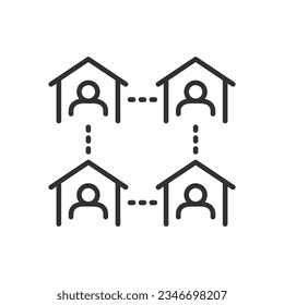 Ein Netzwerk von Häusern, lineares Symbol. Menschen zwischen Häusern verbinden. Linie mit bearbeitbarem Hub