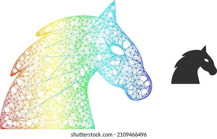Icono de modelo de cabeza de caballo de red con gradiente arco iris. Icono de cabeza de caballo de la red de canales de color. Malla plana creada a partir del icono de la cabeza de caballo y las líneas de cruce.