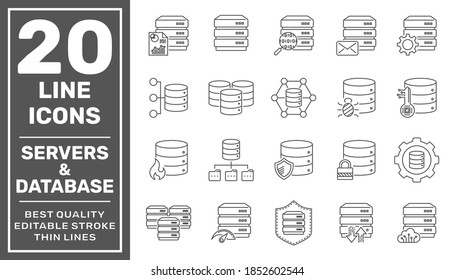 Network And Hosting Related Line Icon Set. Server And Database Vector Linear Icon Collection. Editable Stroke. EPS 10