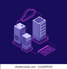 Network hosting solutions, datacenter with services, website administrative support vector isometric concept. Illustration of computer database system cloud