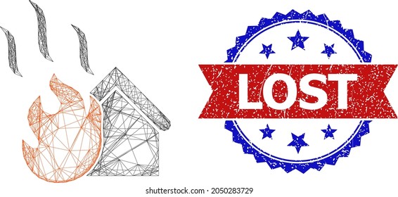 Network house fire framework icon, and bicolor grunge Lost seal stamp. Flat framework created from house fire icon and intersected lines. Vector seal with grunge bicolored style,