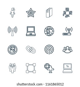 Network icon. collection of 16 network outline icons such as no laptop, globe, laptop, globe and plane, star, user group, signal. editable network icons for web and mobile.