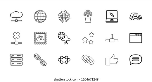 Network icon. collection of 18 network outline icons such as cpu in car, globe and plane, cpu, laptop, cloud, browser window, link. editable network icons for web and mobile.