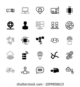 Network icon. collection of 25 network filled and outline icons such as server, globe, user, cpu, chain, cpu in heart, marketing. editable network icons for web and mobile.