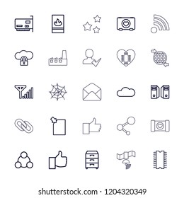 Network icon. collection of 25 network outline icons such as case with heart, thumb up, cloud protection, phone connection cable. editable network icons for web and mobile.