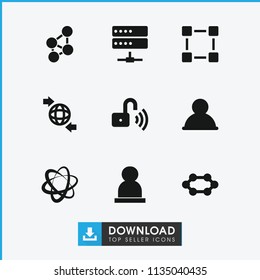Network icon. collection of 9 network filled icons such as user, qround the globe, opened security lock, cpu, share. editable network icons for web and mobile.