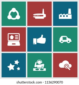 Network icon. collection of 9 network filled icons such as thumb up, star, real estate on laptop, connection, cpu in car, dj, cpu. editable network icons for web and mobile.