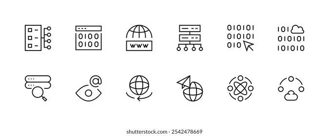 Netzwerksymbolsammlung. Kommunikationssymbolsatz. Globe, Web, Verbindung, Informationstechnologie, Netzwerke, Rechenzentren, Cloud Computing und mehr. Bearbeitbarer Strich. Pixel perfekt. Gitterbasis 32px.