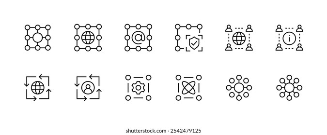 Colección de icono de red. Conjunto de iconos de comunicación. Globo, Web, conexión, tecnología de la información, redes y más. Trazo editable. Pixel perfecto. Base de rejilla 32px.