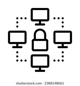 Network icon, computer with lock. Concept of Cyber security. Outline style. Vector. Isolate on white background.