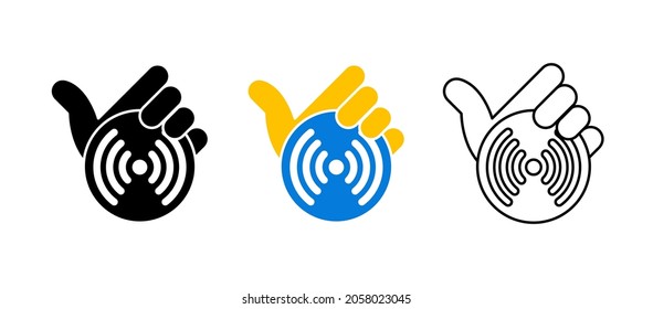 Network icon in hand, contactless access. Payment or internet sharing from the device. Editable row set. Silhouette, colored, linear icon set. Logo-web, icon design element.