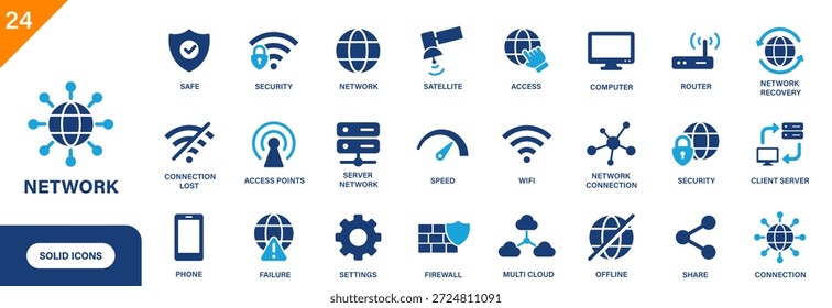 Ícone Rede. Inclui internet, roteador, conectar, off-line, wifi, rede de servidor. Conjunto de ícones de vetor sólido.