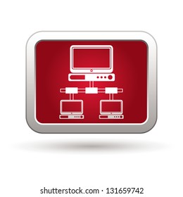 Network icon on the red with silver rectangular button. Vector illustration
