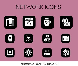 network icon set. 12 filled network icons.  Simple modern icons such as: Server, Smartwatch, Laptop, Browser, Signal, Network, Connection, Modem, Economy, Modeling