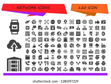  network icon set. 120 filled network icons. Simple modern icons about  - Smartwatch, Server, Cloud, Chat, Planet earth, Transmission tower, Network, Tablet, Security, Bitcoin