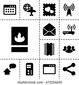Network icon. set of 13 filled networkicons such as globe and plane, photo with heart, group, envelope, fire protection, router, home message, cpu, transmitter, server