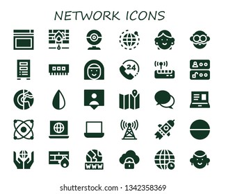 network icon set. 30 filled network icons.  Simple modern icons about  - Website, Firewall, Webcam, World, Avatar, Server, Ram, Call, Wifi, Access, Planet, Negative, Followers