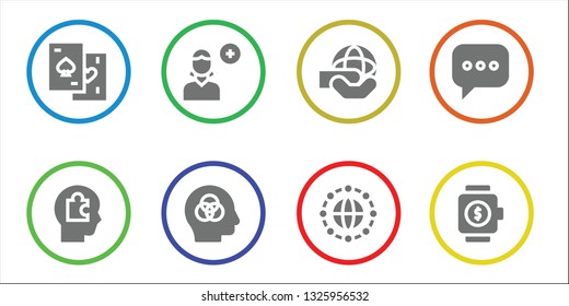 network icon set. 8 filled network icons.  Collection Of - Chips, Head, Add user, Intelligence, World, Network, Chat, Smartwatch