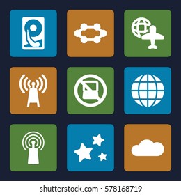 network icon. Set of 9 network filled icons such as no laptop, globe and plane, signal, star, cloud, hard disc, globe, transmitter