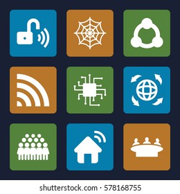 network icon. Set of 9 network filled icons such as spider web, group, wi-fi, globe, opened security lock, connection, house signal